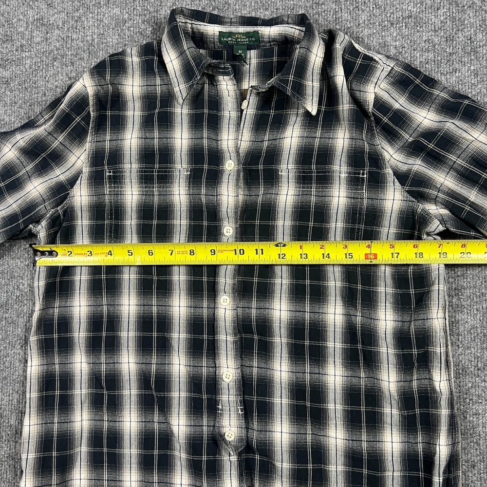 Ralph Lauren Flannel Shirt Women Medium Black White Plaid Cotton Roll Tab Sleeve - Picture 6 of 12